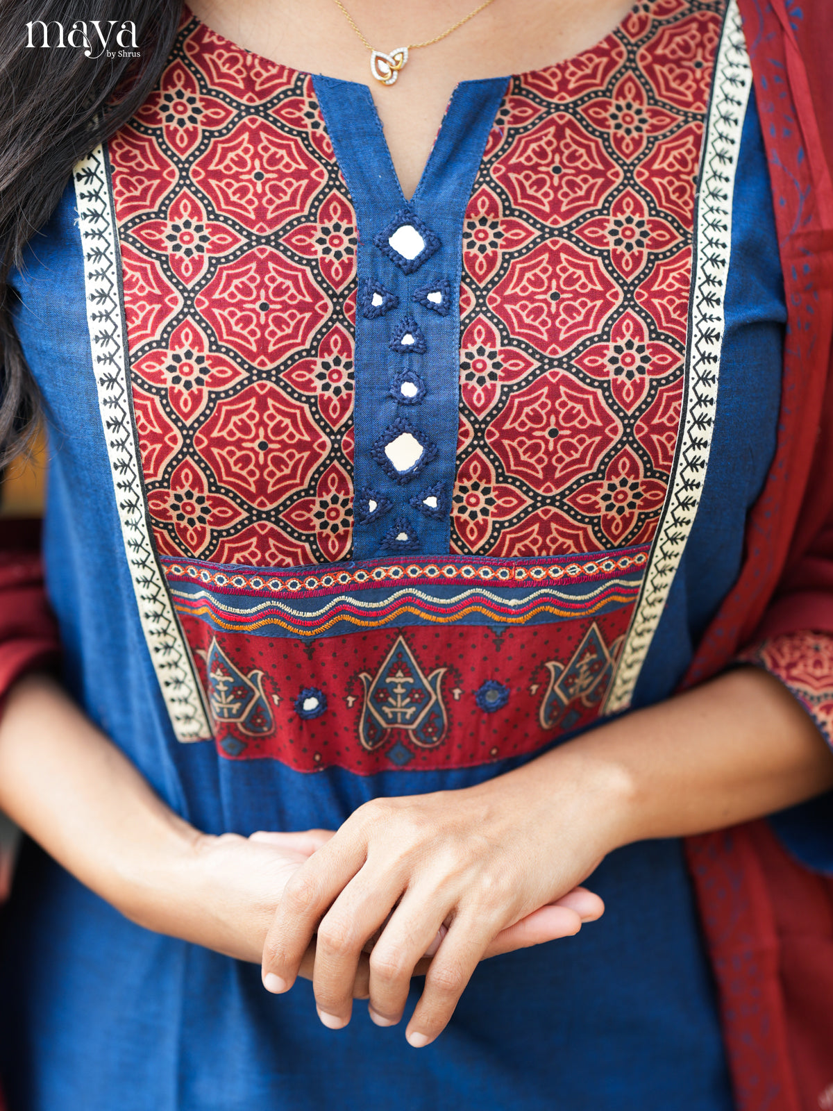 Vibrant Blue & Maroon Readymade 3 Piece Salwar with ajrakh printed neck yoke