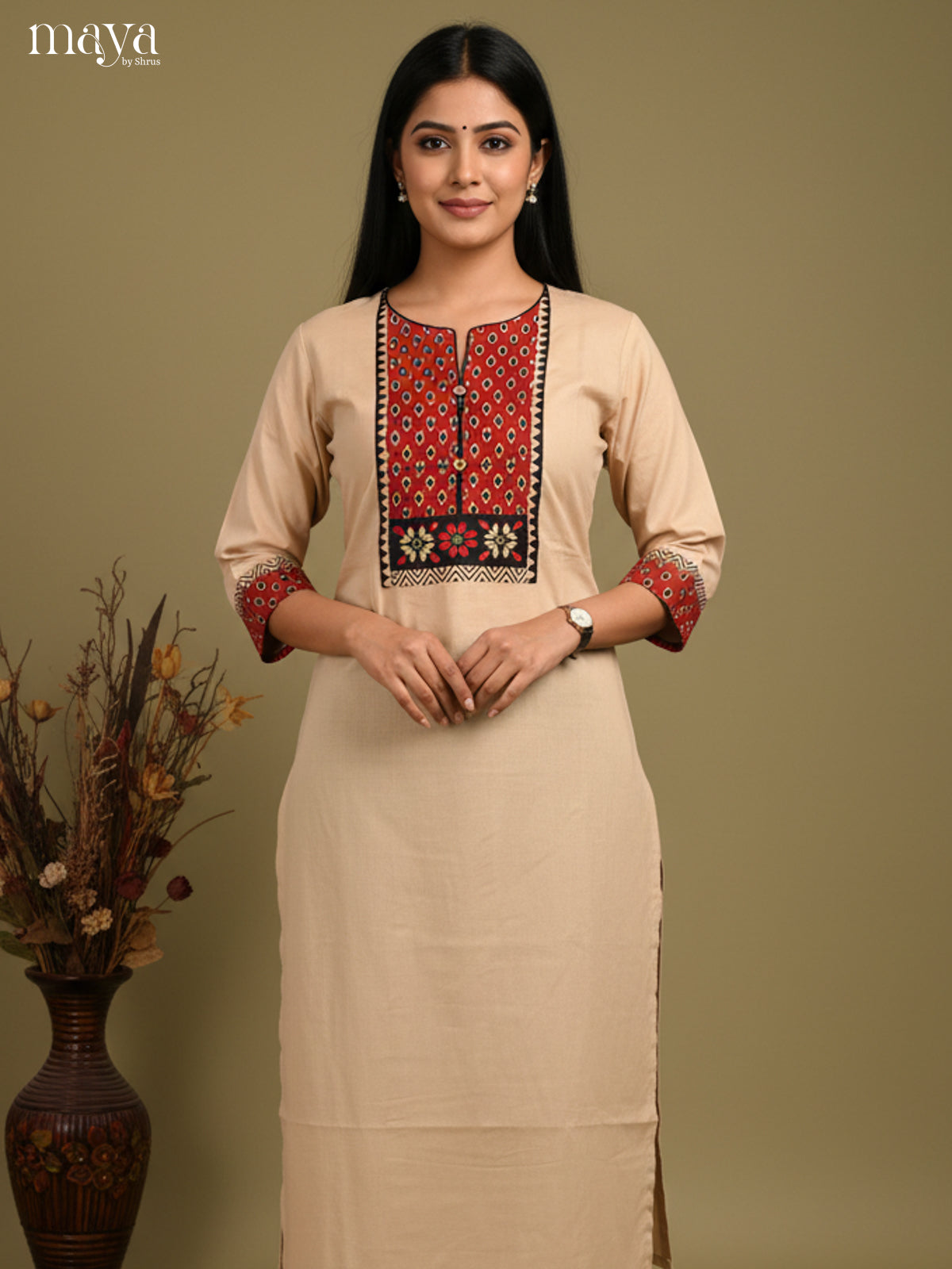Beige & Red Readymade Kurti with ajrakh printed neck yoke