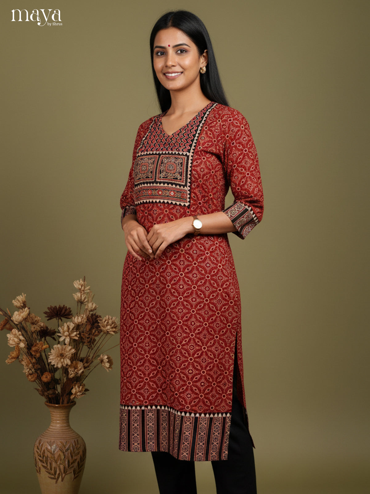 Maroon & Black ajrakh printed Readymade Kurti