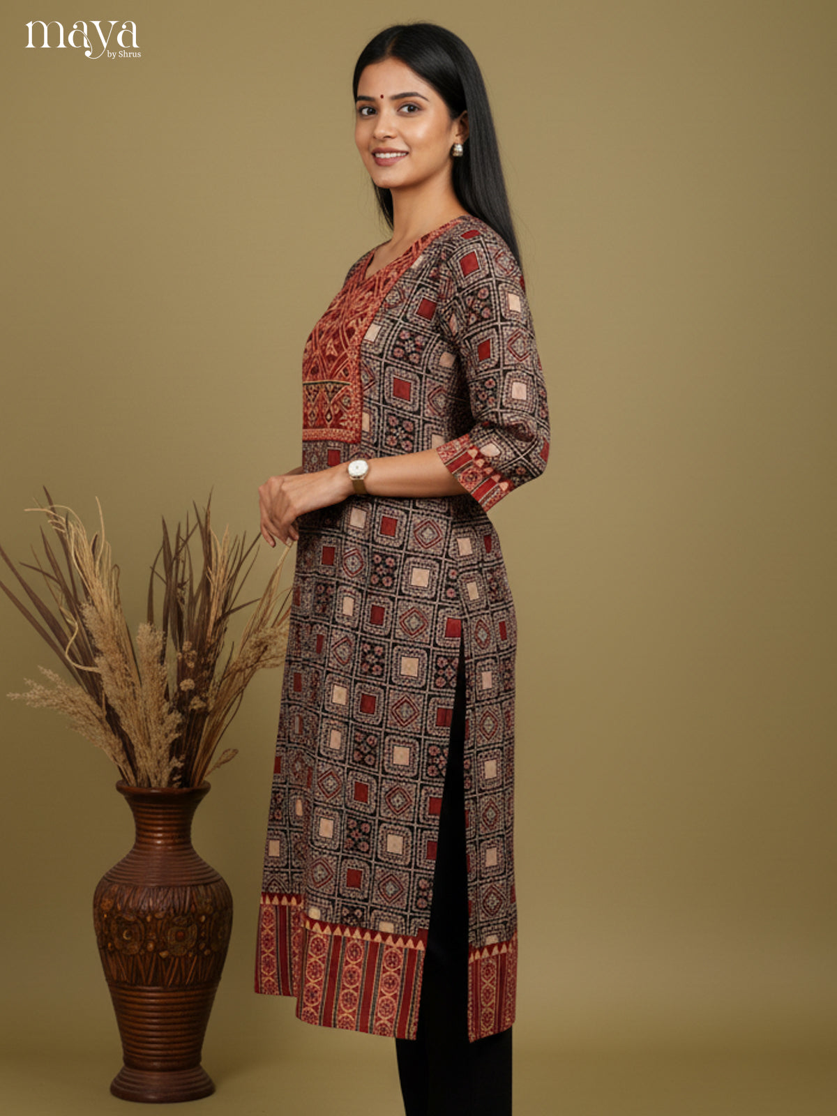 Black & Red ajrakh printed Readymade Kurti