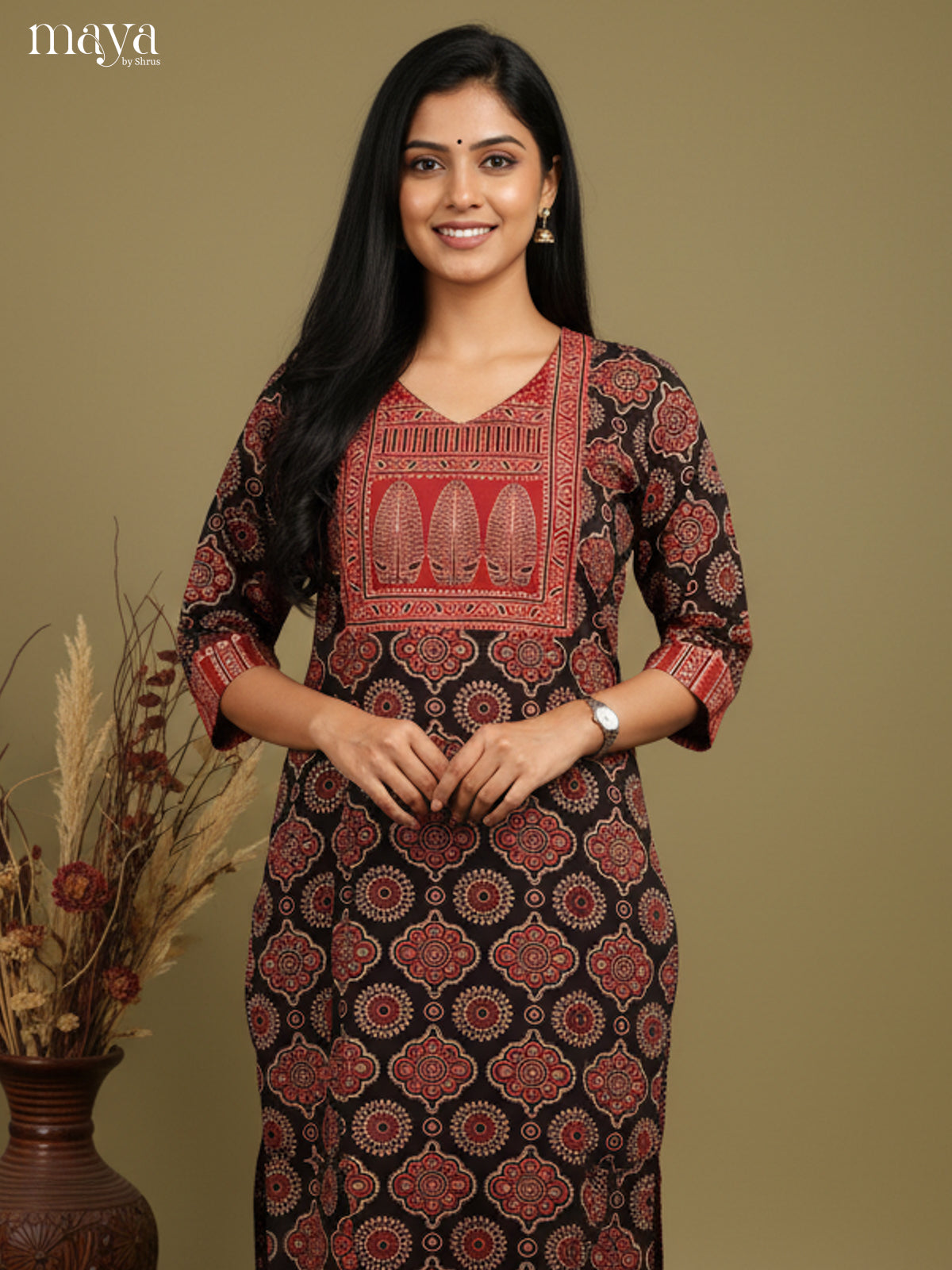 Black & Red Ajrakh Printed Readymade Kurti