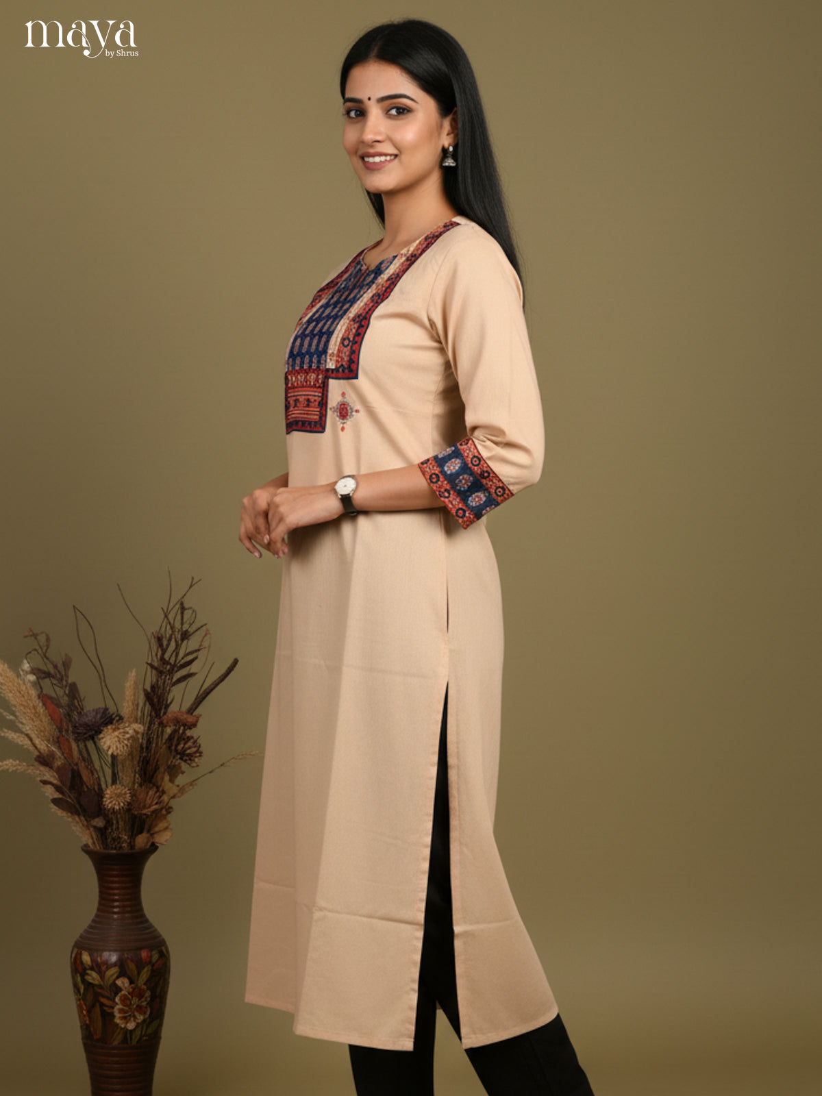 Beige & Blue Readymade Kurti with ajrakh printed neck yoke