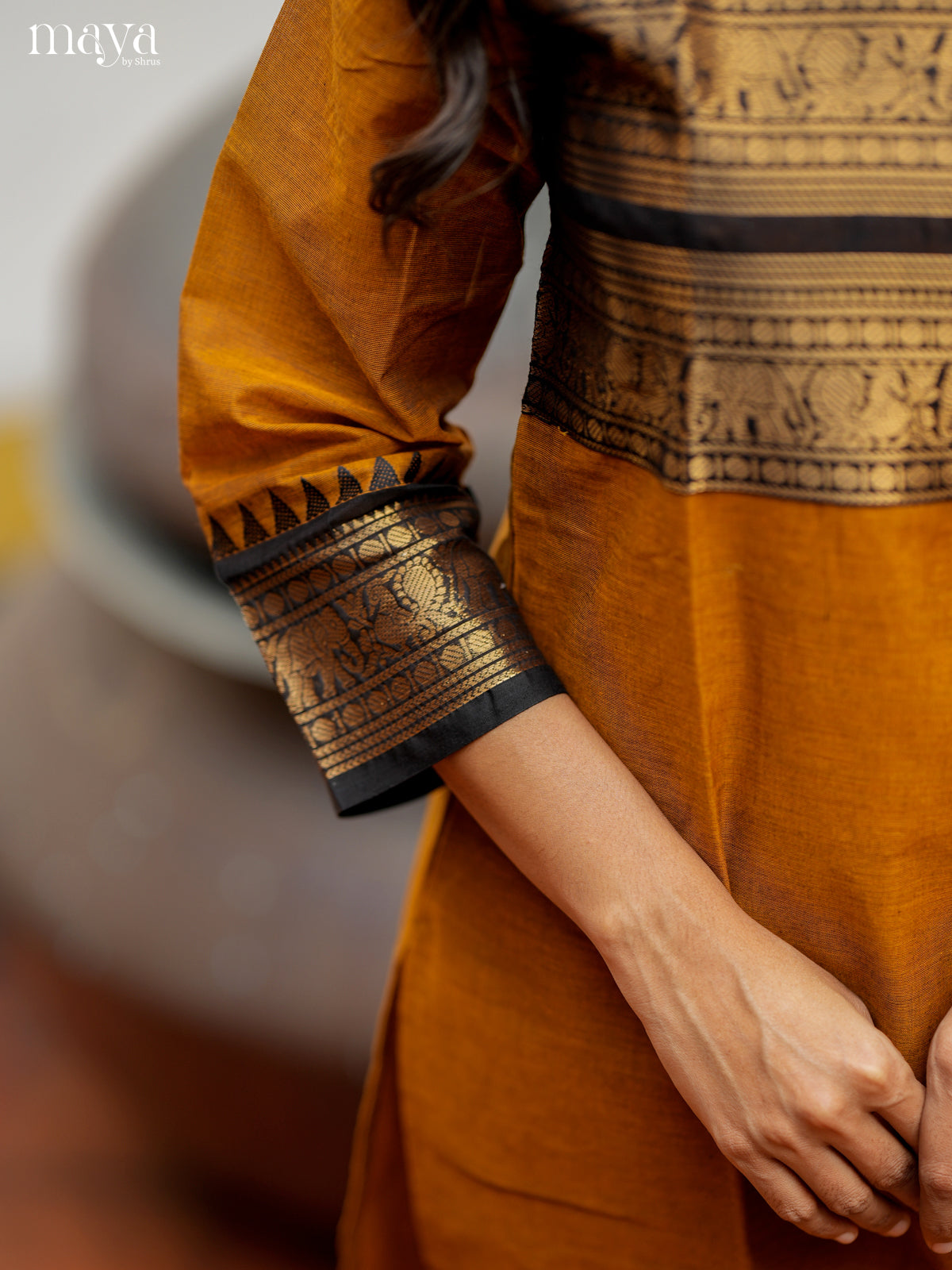 Stylish Mustard & Black Chettinad Cotton Readymade Kurti with dupatta