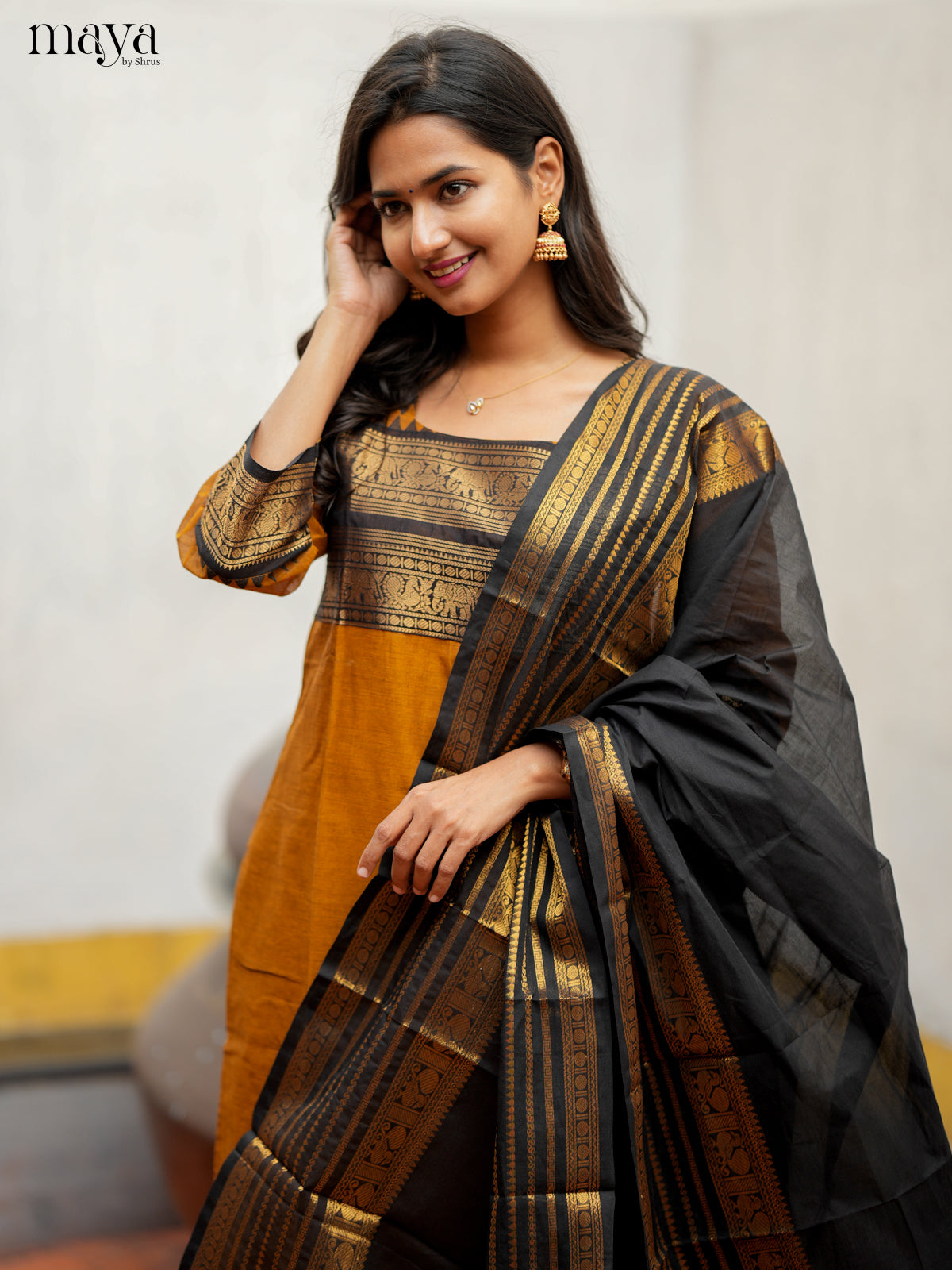 Stylish Mustard & Black Chettinad Cotton Readymade Kurti with dupatta