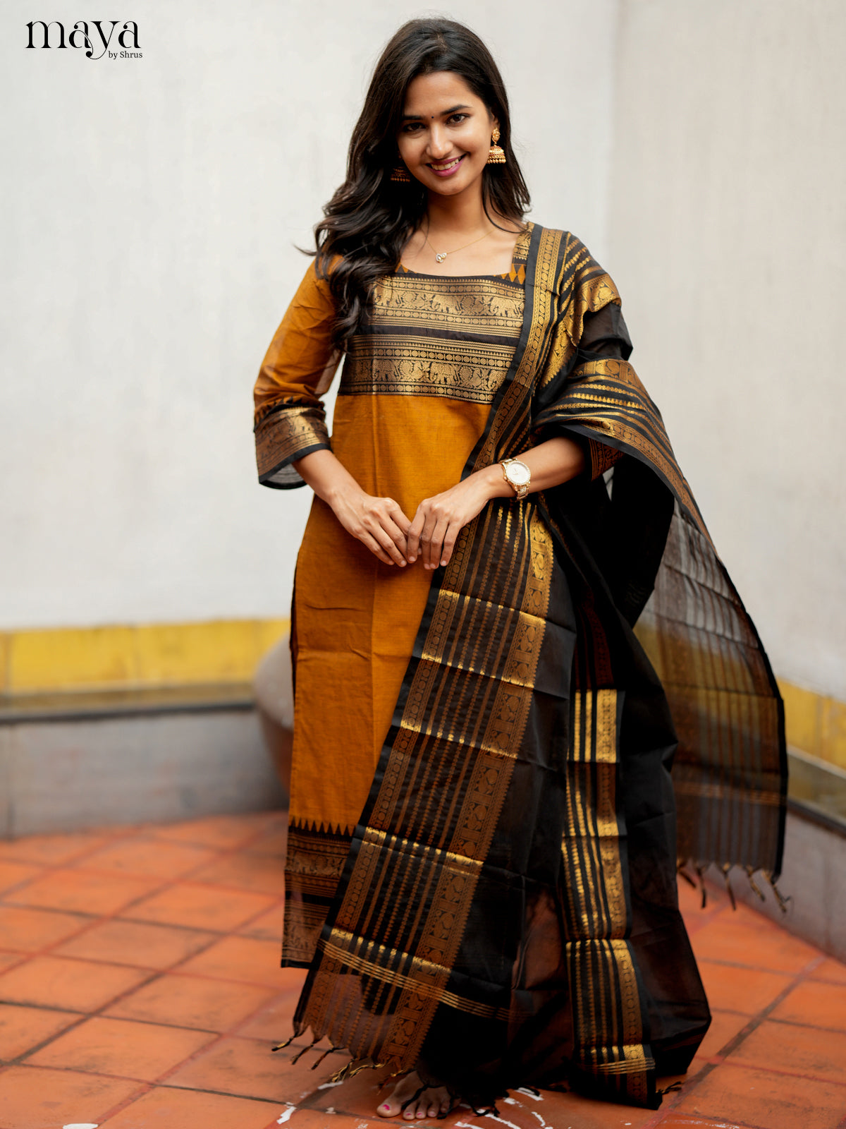 Stylish Mustard & Black Chettinad Cotton Readymade Kurti with dupatta
