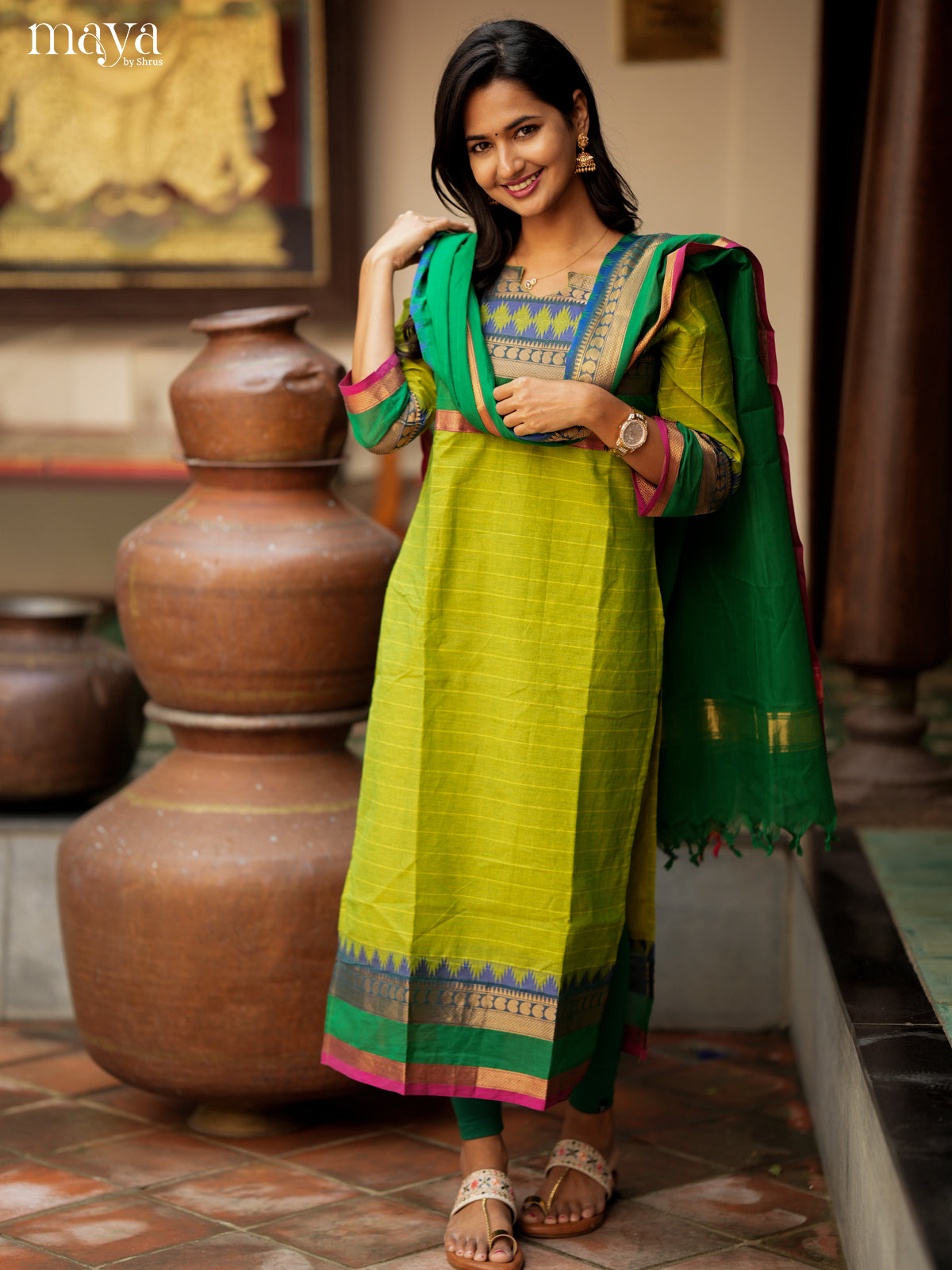 Light Green & Green Chettinad Cotton Readymade Straight Kurti with Dupatta