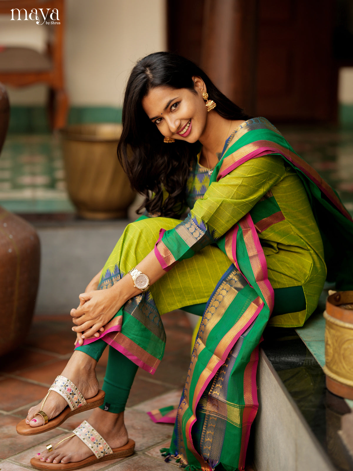 Light Green & Green Chettinad Cotton Readymade Straight Kurti with Dupatta