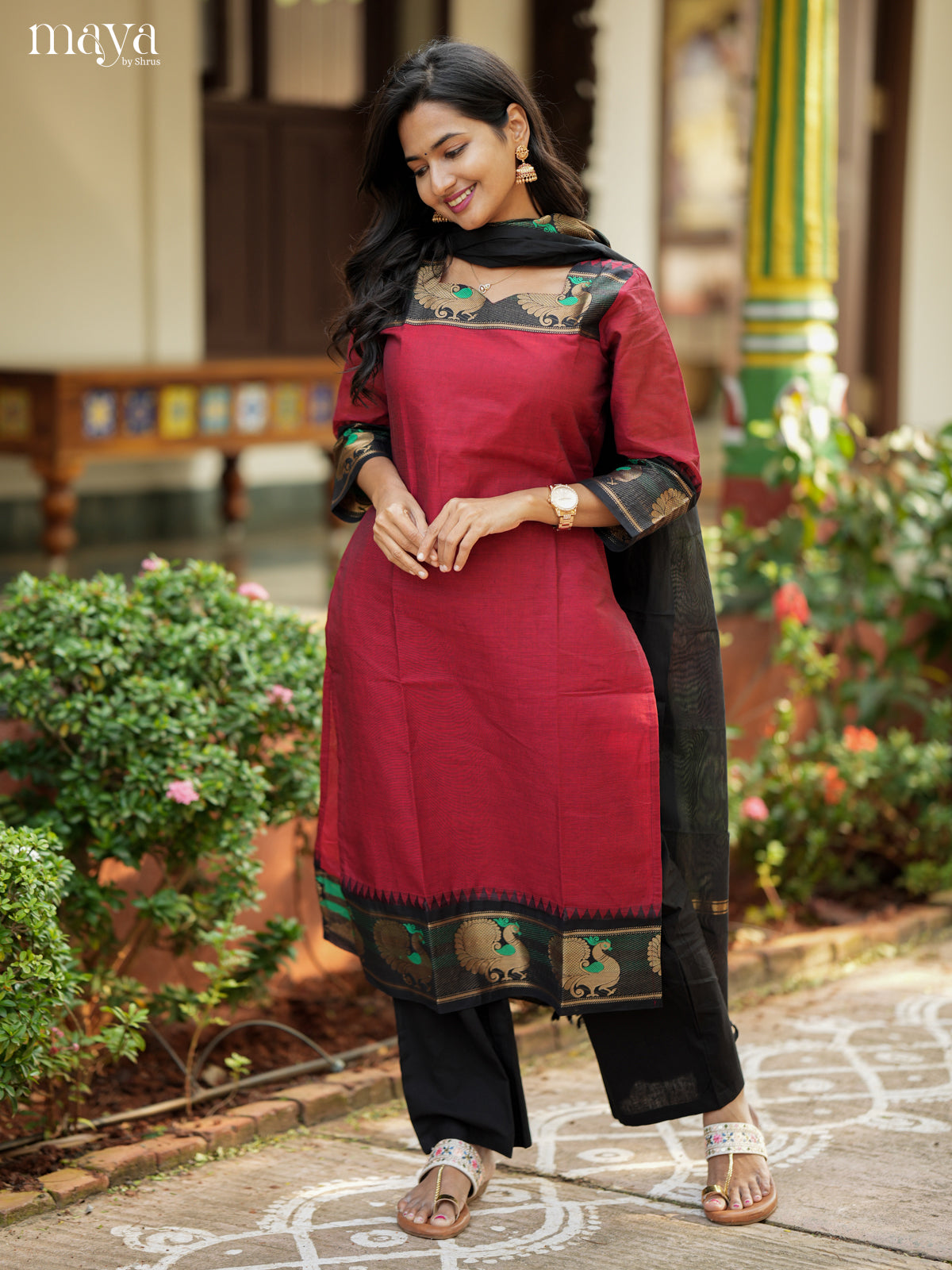 Maroon & Black Chettinad Cotton Readymade Kurti with Dupatta