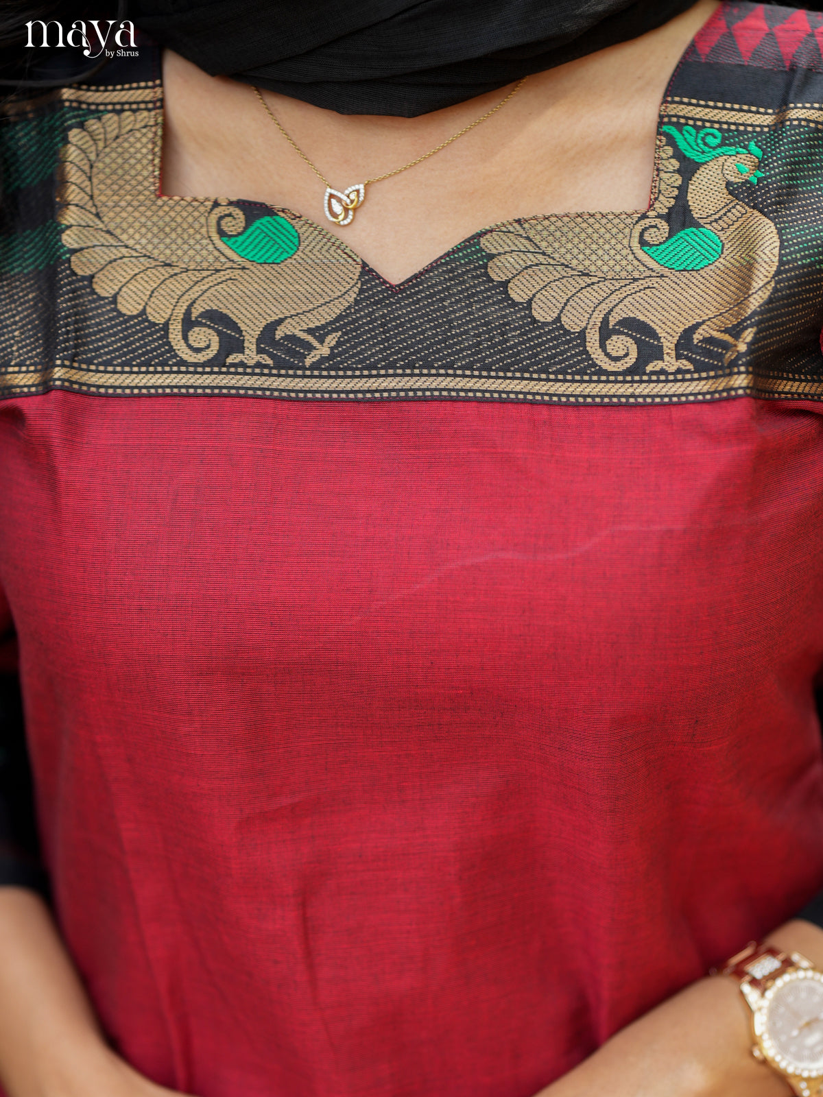 Maroon & Black Chettinad Cotton Readymade Kurti with Dupatta