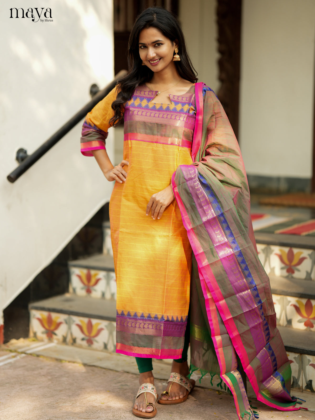 Graceful mustard & Double Shaded Green Chettinad Cotton straight Readymade Kurti with dupatta