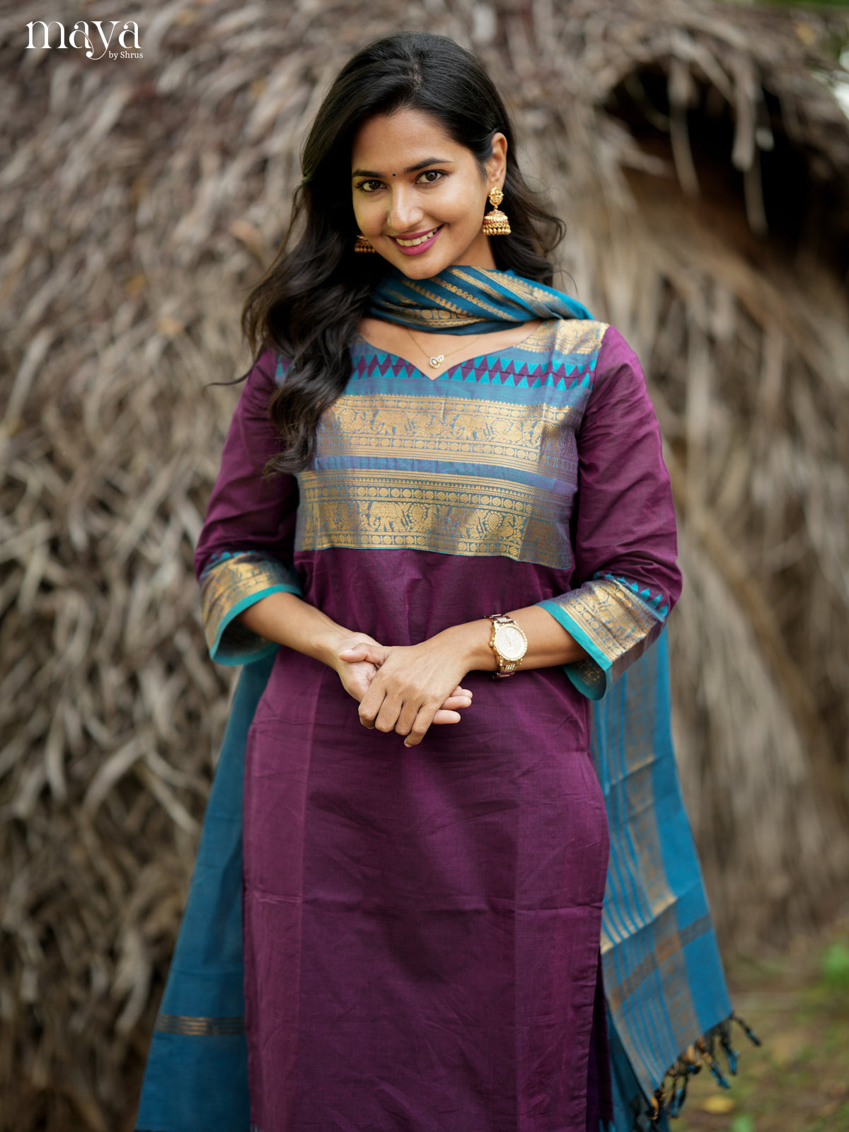 Trendy Purple & Blue Chettinad Cotton Readymade Kurti with dupatta