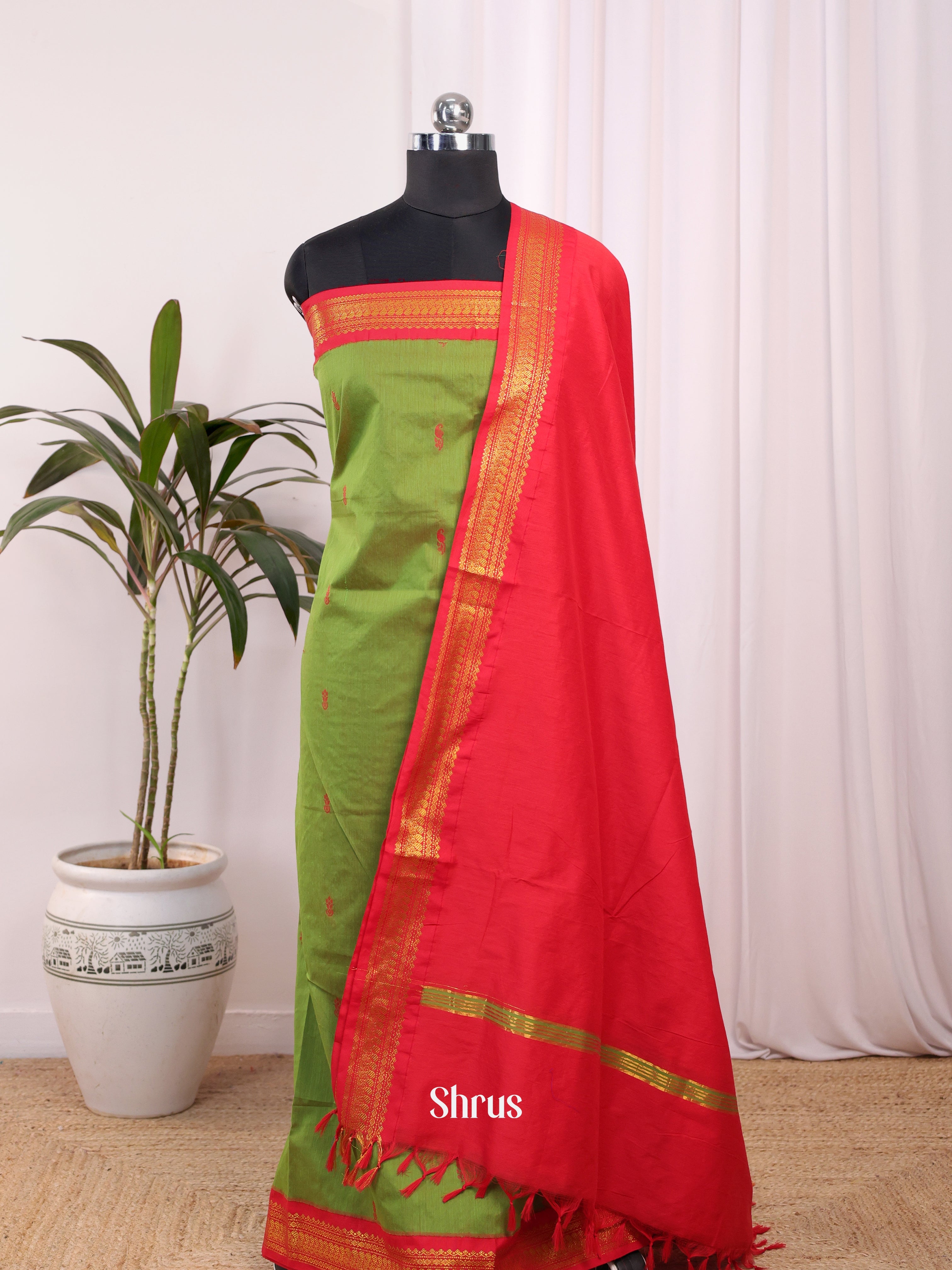 Green & Red - Kalyani Cotton unstitched Top & Dupatta -CKS09029 - Shop on Shrus.com