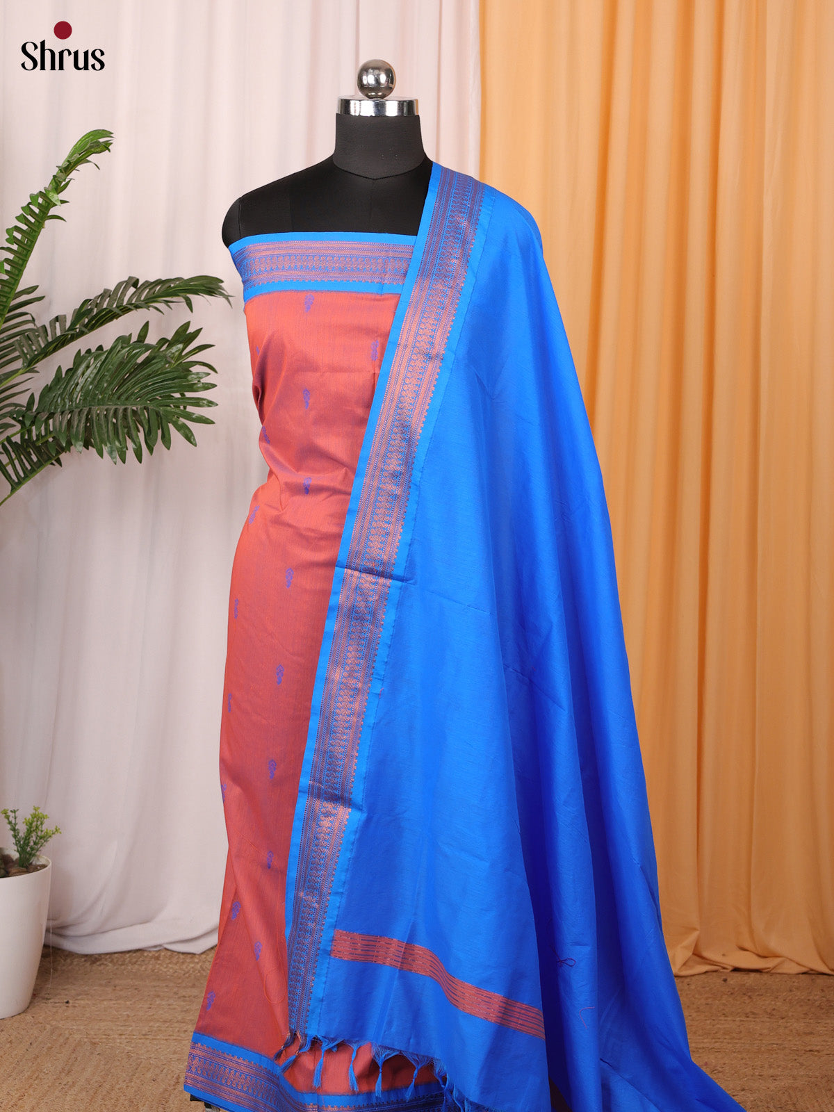Peachish Pink & Blue - Kalyani Cotton unstitched Top & Dupatta - CLS10091 - Shop on Shrus.com