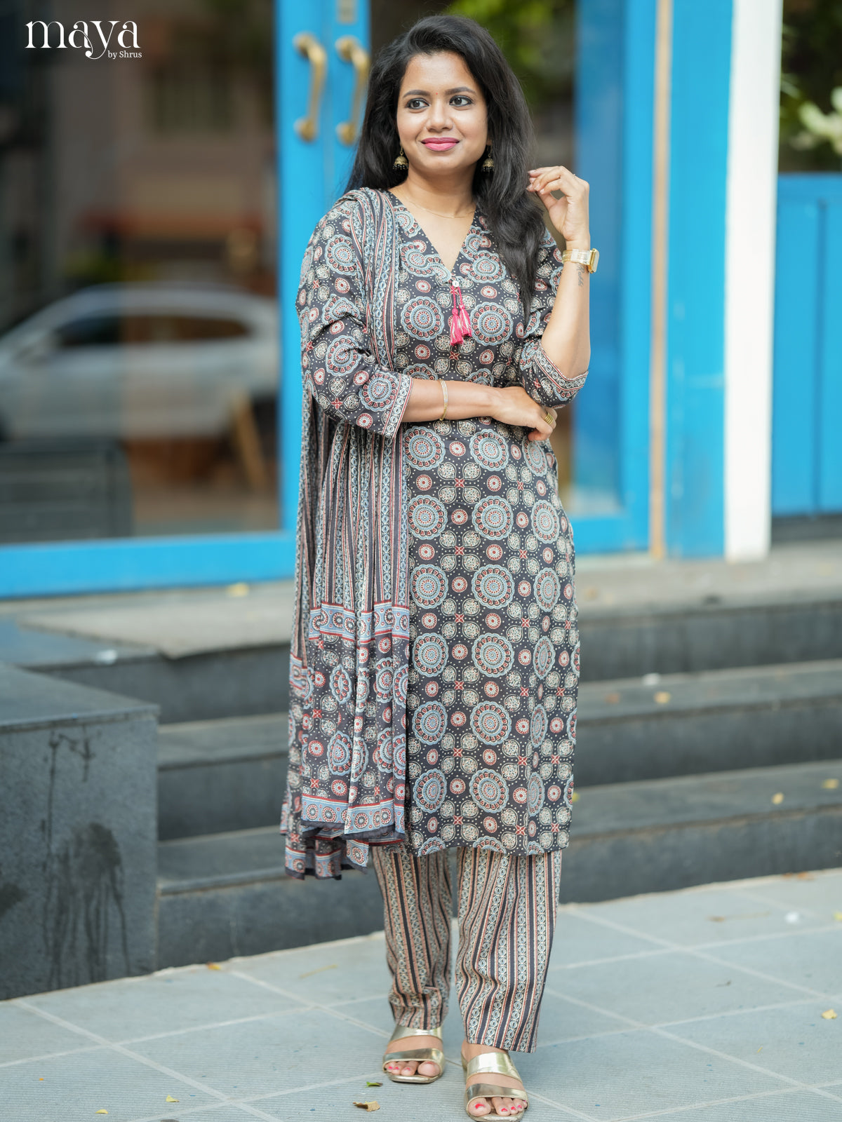 Black Cotton 3pc Salwar Suit with Ajrakh Print - Top, Bottom & Dupatta