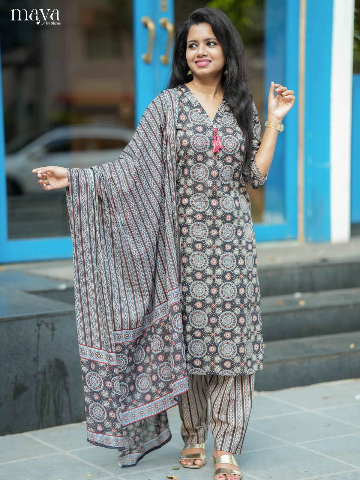 Black Cotton 3pc Salwar Suit with Ajrakh Print - Top, Bottom & Dupatta
