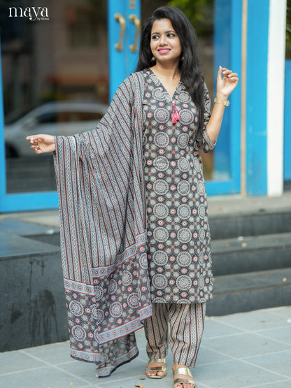 Black Cotton 3pc Salwar Suit with Ajrakh Print - Top, Bottom & Dupatta