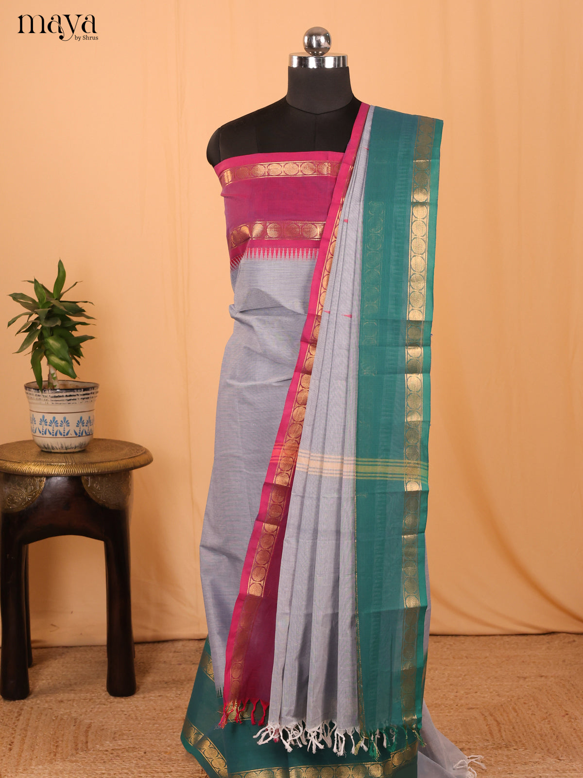 Grey & Green - Chettinad Cotton Unstitched Top & Dupatta - MCL18003