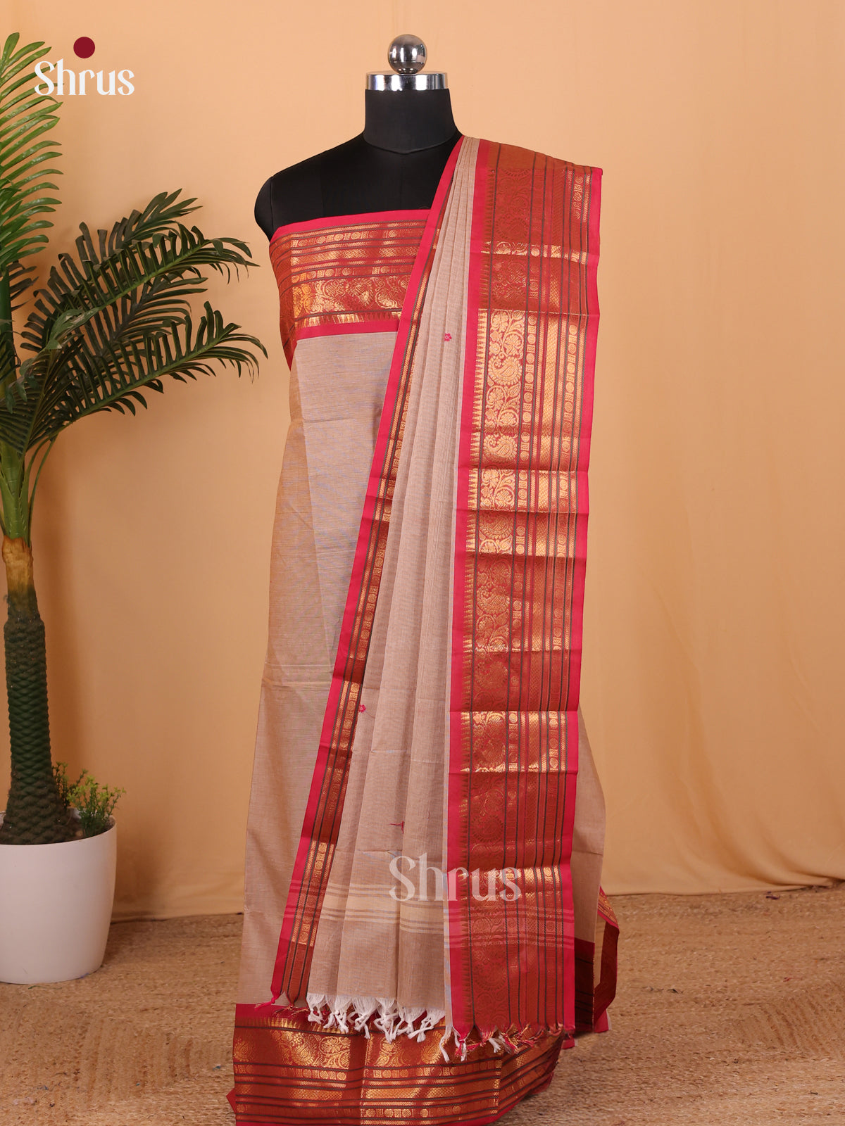 Grey & Red  Chettinad Cotton Unstitched Top & Dupatta - MCL18005