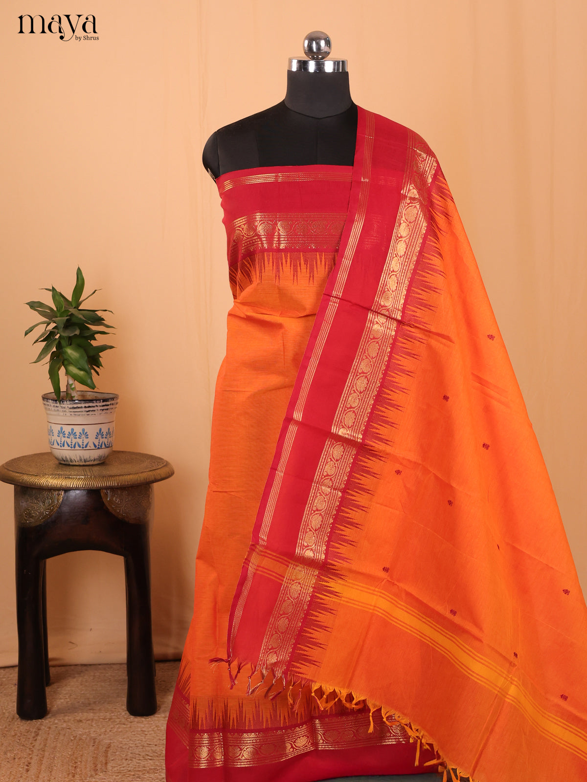 Orange & Red - Chettinad Cotton Unstitched Top & Dupatta - MCL18006