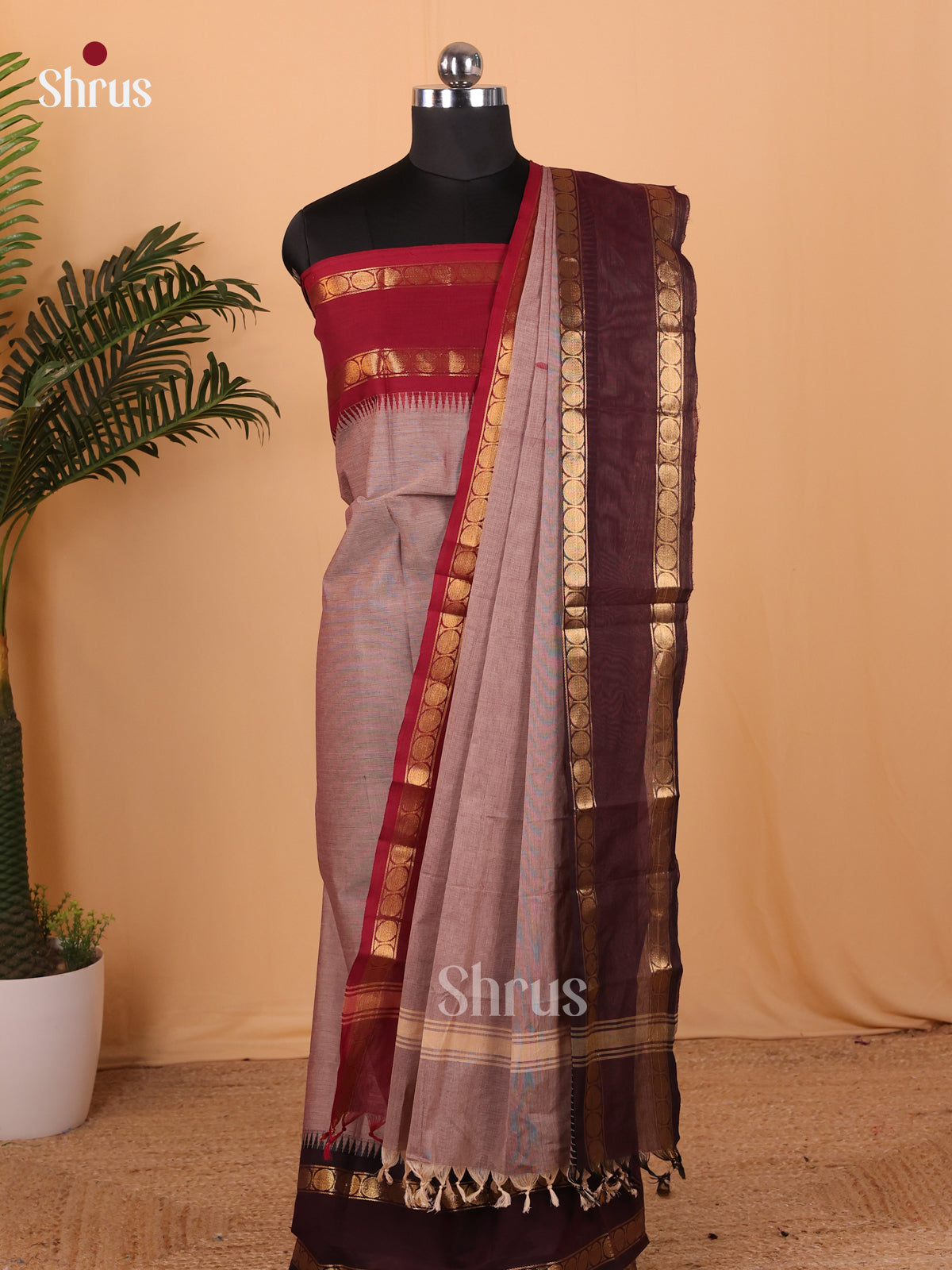 Mild Lavender & Brown Chettinad Cotton Unstitched Top & Dupatta - MCL18010