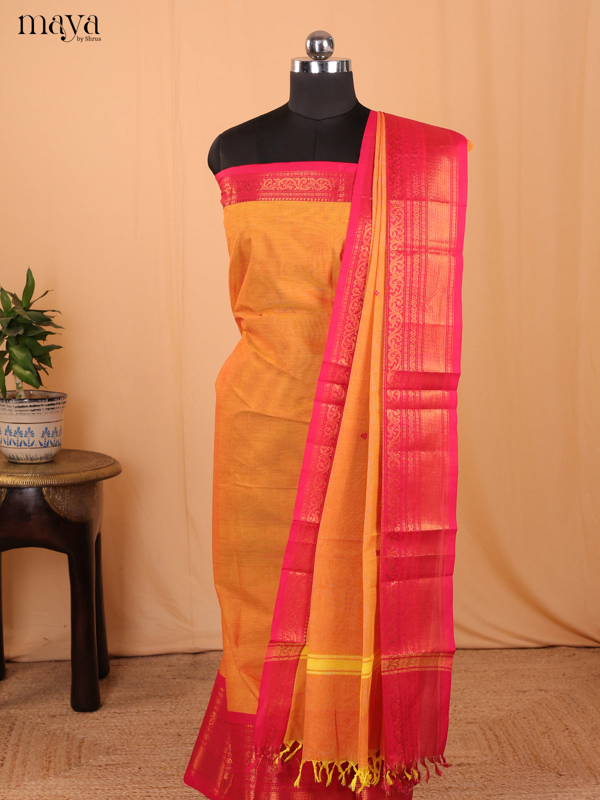 Mustard & Pink - Chettinad Cotton Unstitched Top & Dupatta - MCL18012