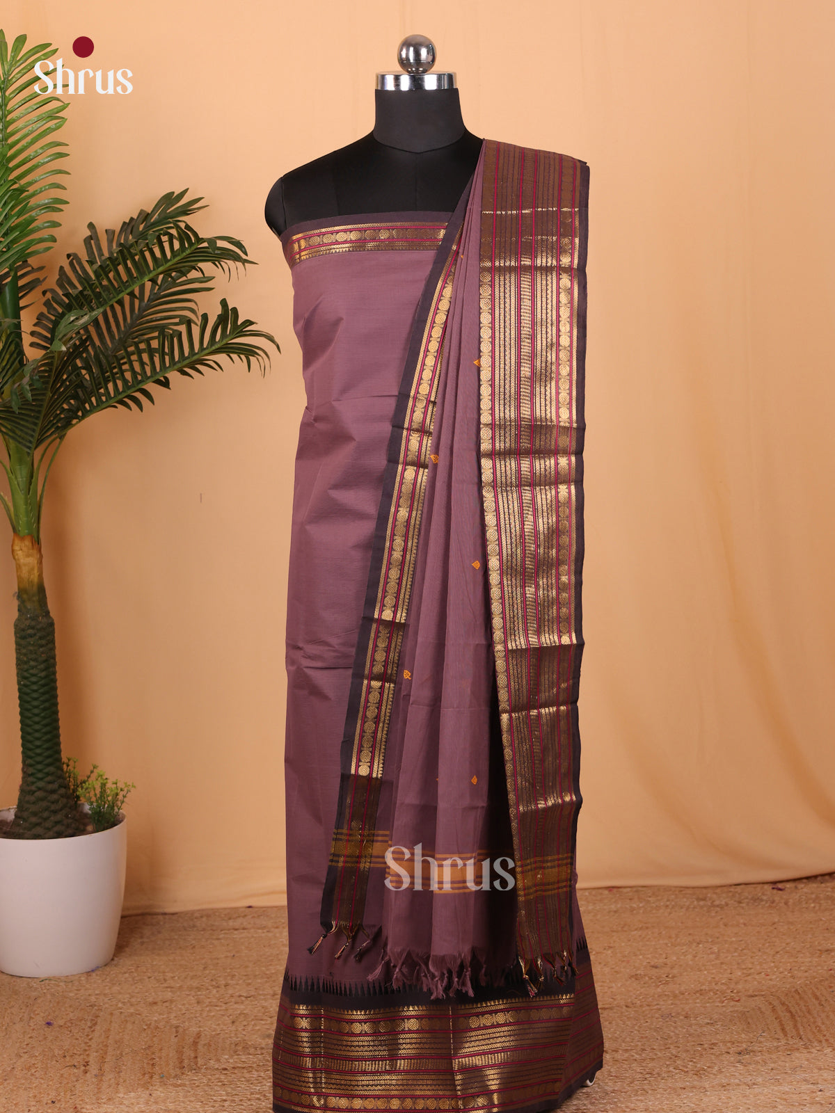 Dark Lavender Chettinad Cotton Unstitched Top & Dupatta - MCL18015