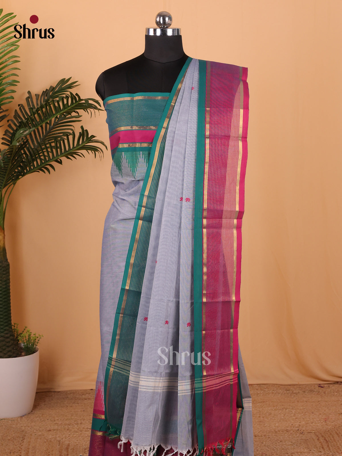 Ash Grey & Green Chettinad Cotton Unstitched Top & Dupatta - MCL18017