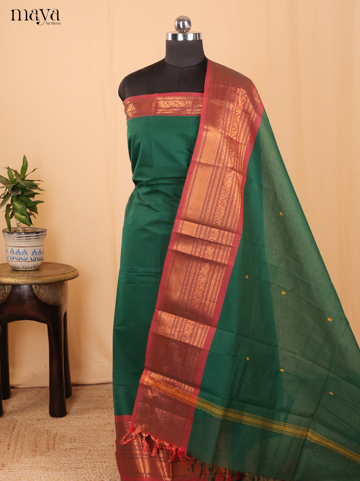 Green & Red - Chettinad Cotton Unstitched Top & Dupatta- MCL18018