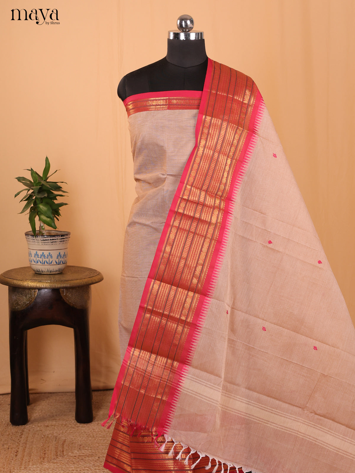 Grey & Pink - Chettinad Cotton Unstitched Top & Dupatta - MCL18024