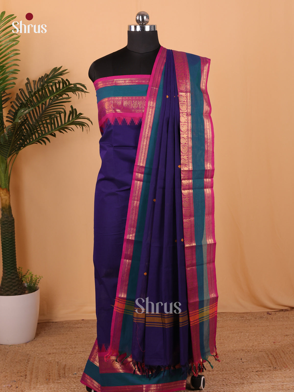 Blue & Majenta Chettinad Cotton Unstitched Top & Dupatta - MCL18026