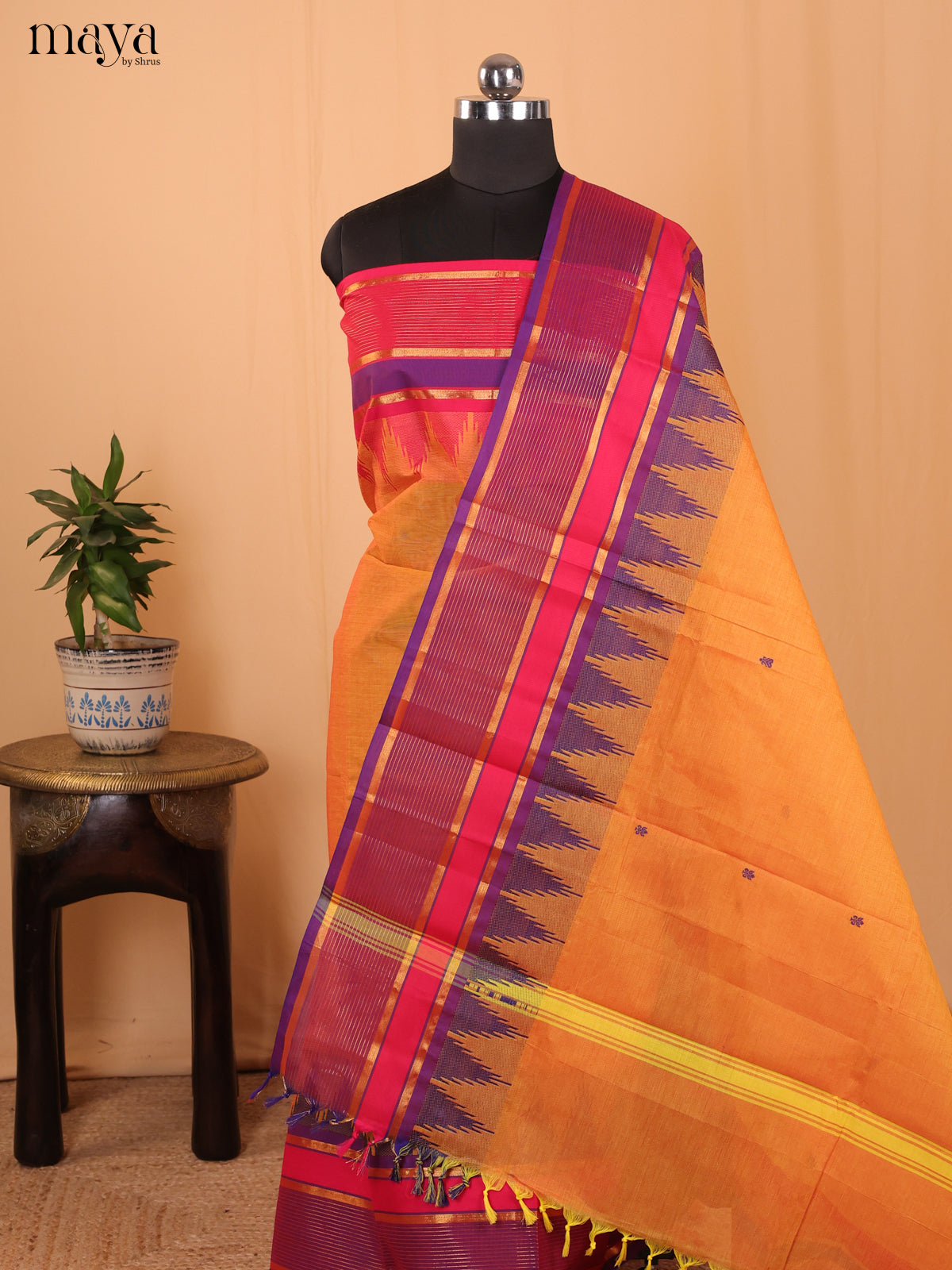 Orange & Pink - Chettinad Cotton Unstitched Top & Dupatta- MCL18028