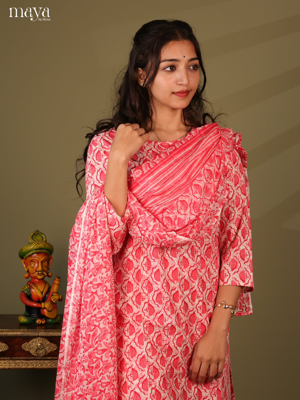 Red Cotton 3Pc Salwar Suit With Jaipuri Print - Top, Bottom & Dupatta