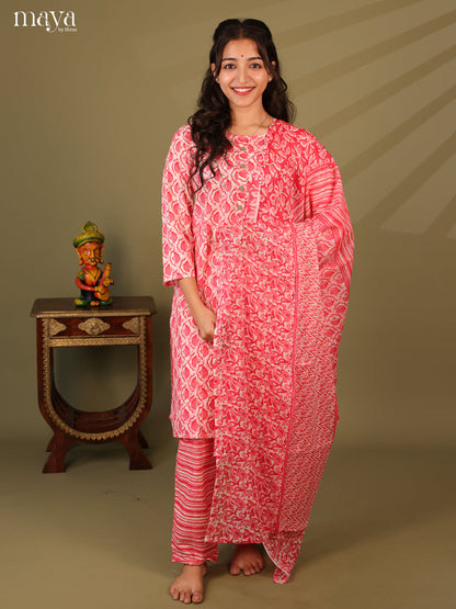 Red Cotton 3Pc Salwar Suit With Jaipuri Print - Top, Bottom & Dupatta