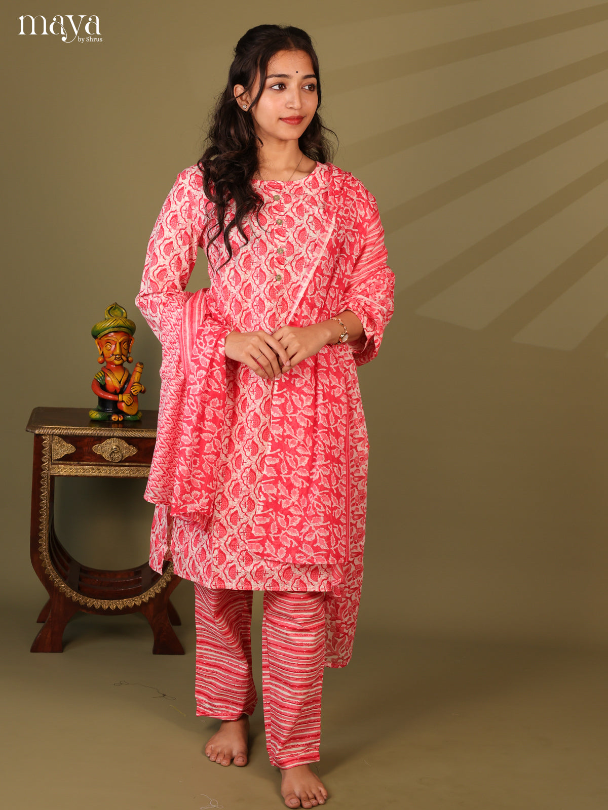 Red Cotton 3Pc Salwar Suit With Jaipuri Print - Top, Bottom & Dupatta