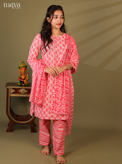 Red Cotton 3Pc Salwar Suit With Jaipuri Print - Top, Bottom & Dupatta