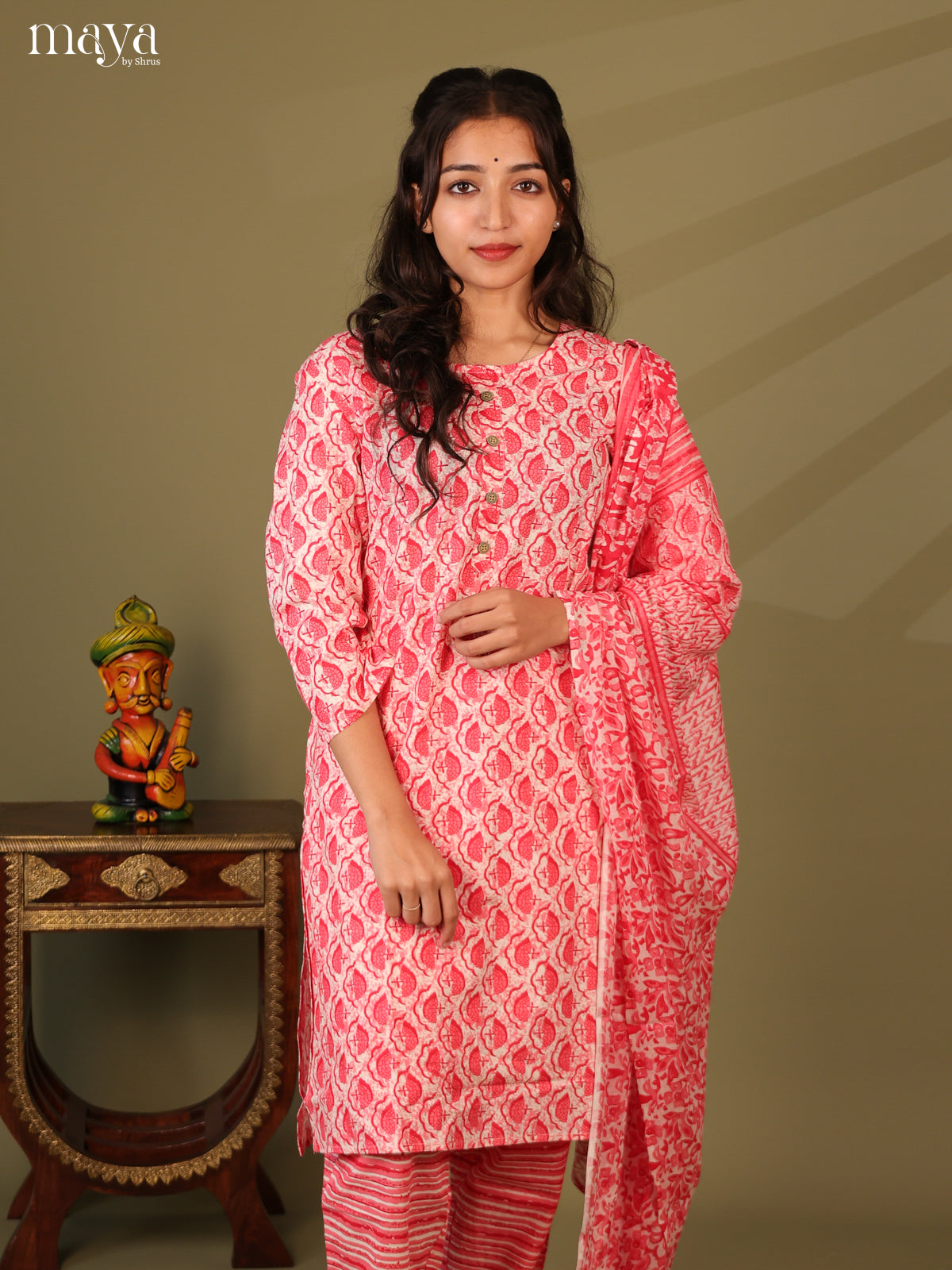 Red Cotton 3Pc Salwar Suit With Jaipuri Print - Top, Bottom & Dupatta