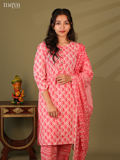 Red Cotton 3Pc Salwar Suit With Jaipuri Print - Top, Bottom & Dupatta