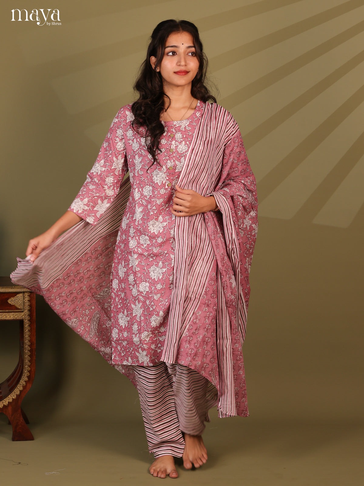 Pink Cotton 3pc Salwar Suit with Floral Print - Top, Bottom & Dupatta