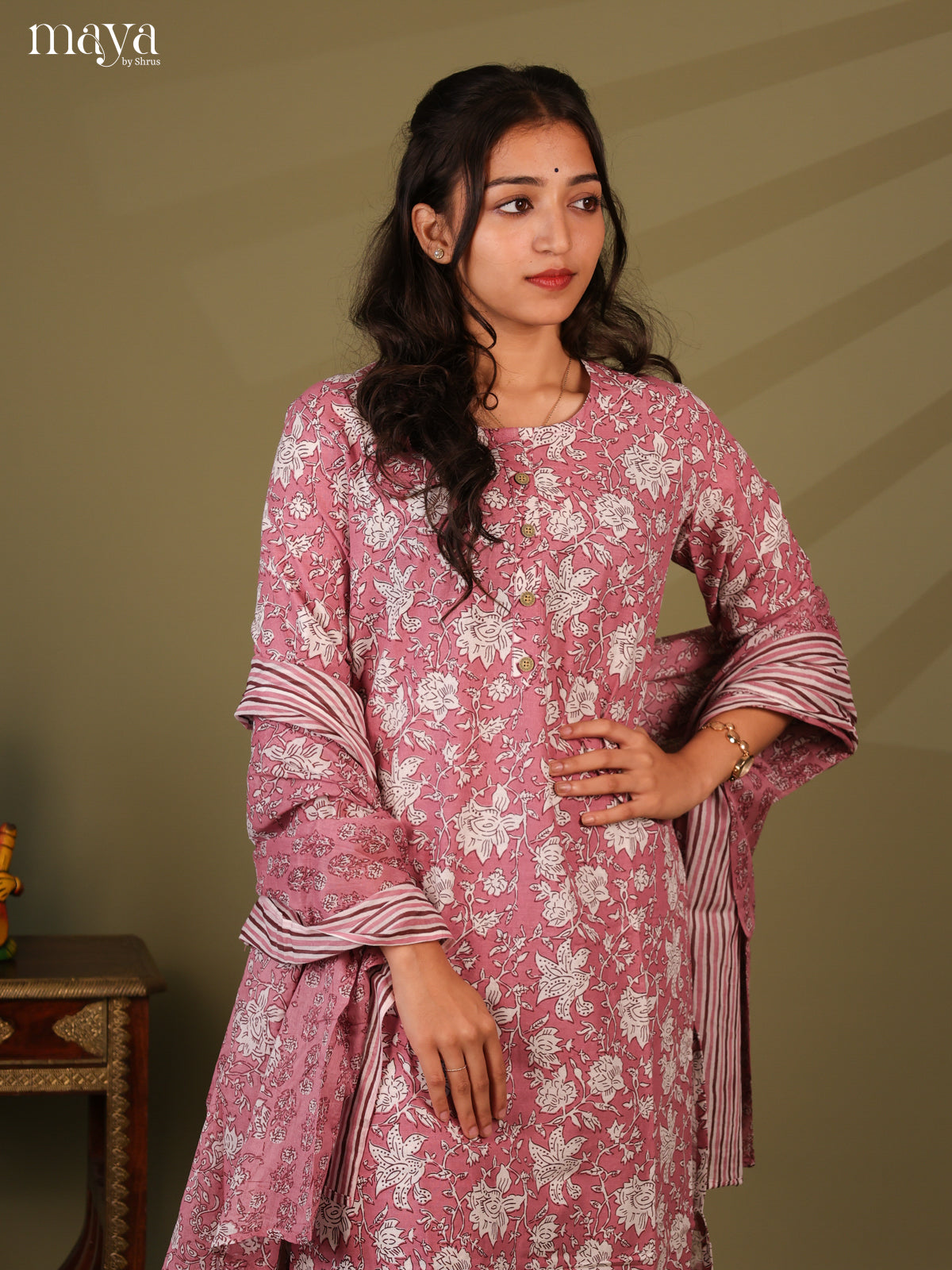 Pink Cotton 3pc Salwar Suit with Floral Print - Top, Bottom & Dupatta