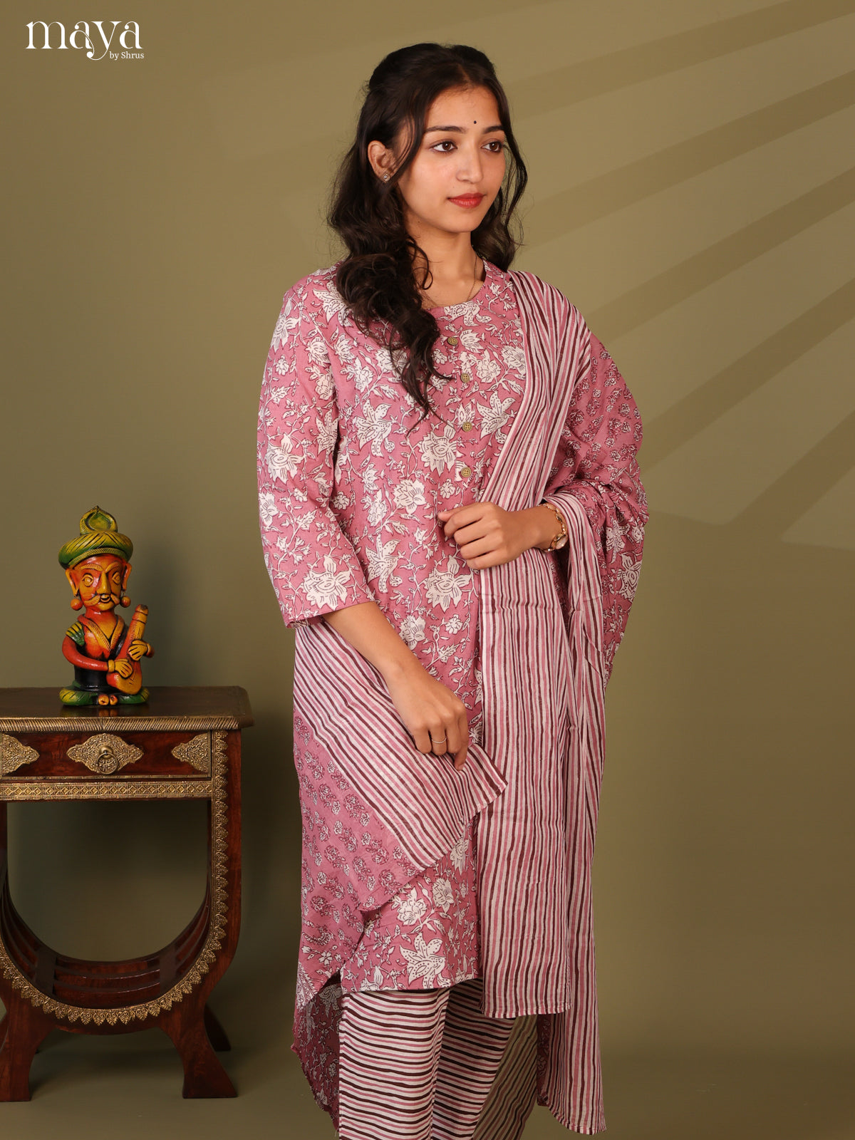 Pink Cotton 3pc Salwar Suit with Floral Print - Top, Bottom & Dupatta