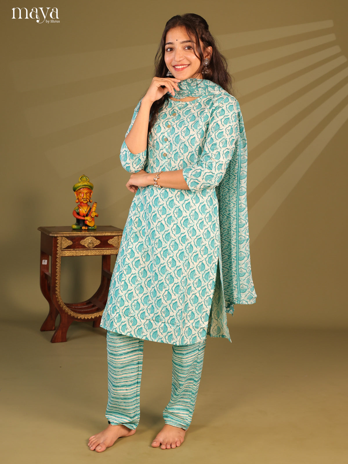 Green Cotton 3pc Salwar Suit with Jaipur Print - Top, Bottom & Dupatta