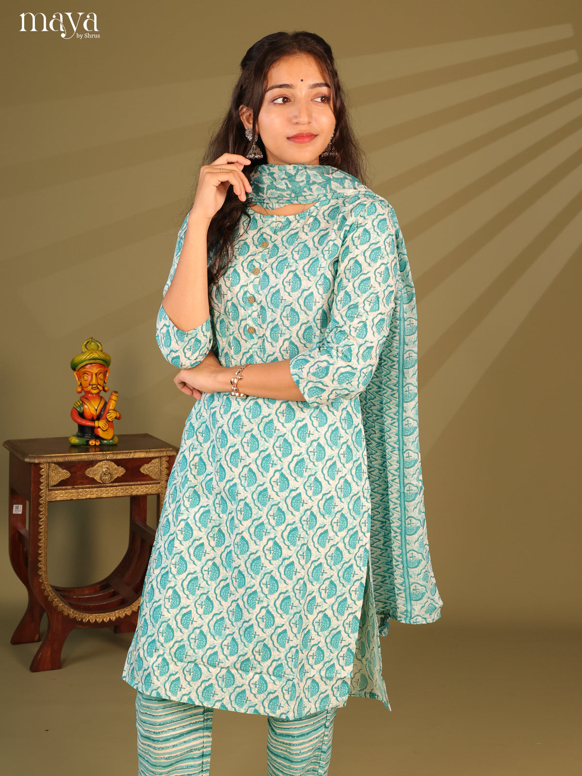 Green Cotton 3pc Salwar Suit with Jaipur Print - Top, Bottom & Dupatta