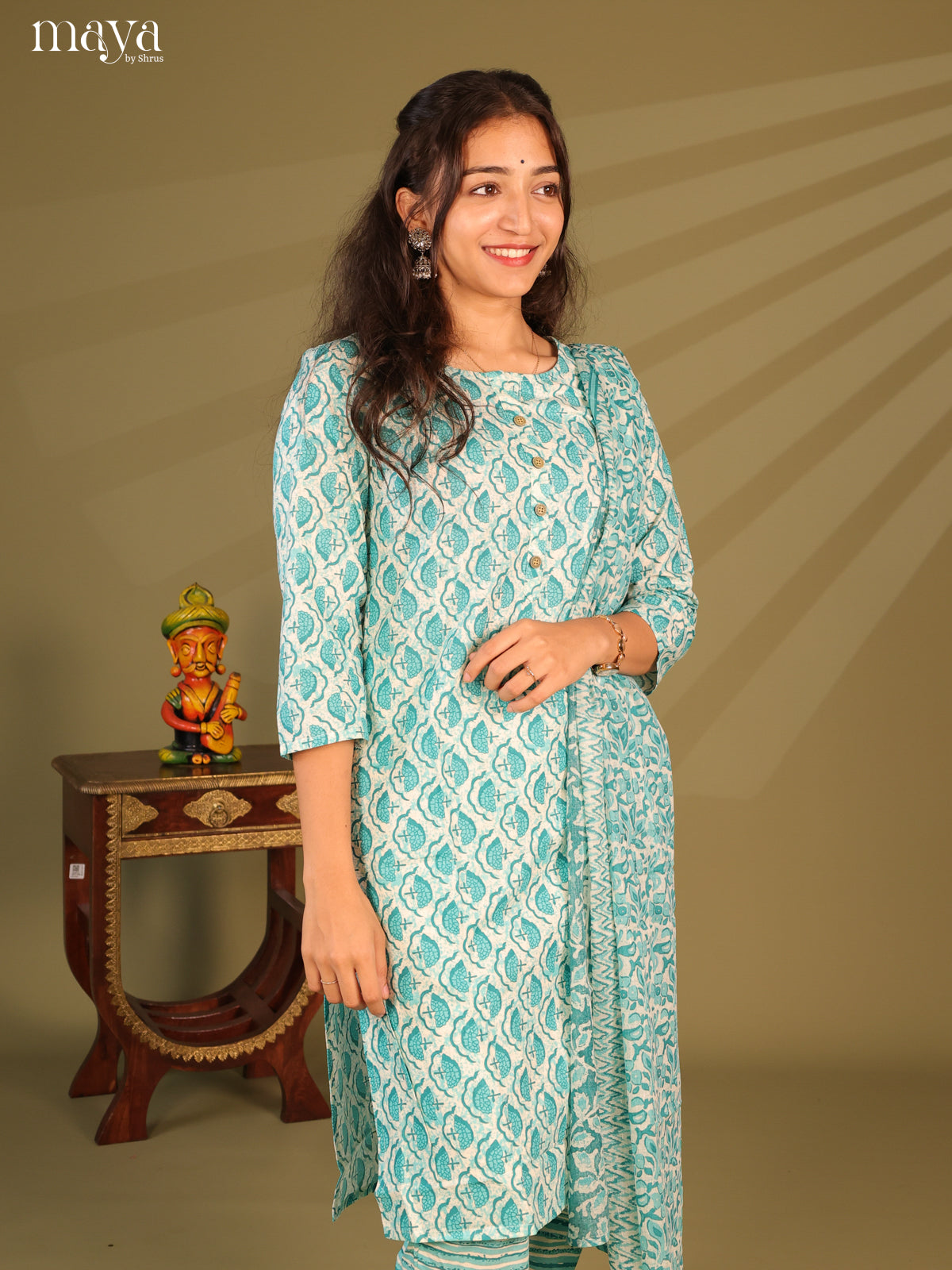 Green Cotton 3pc Salwar Suit with Jaipur Print - Top, Bottom & Dupatta