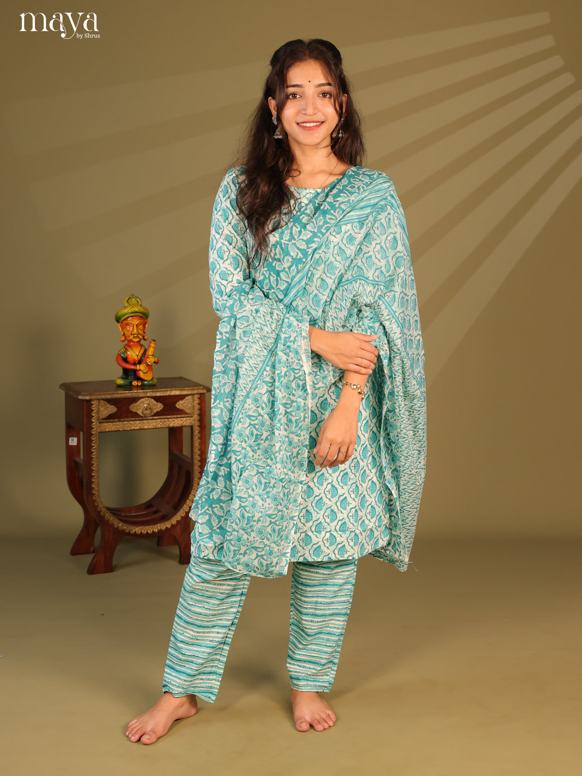Green Cotton 3pc Salwar Suit with Jaipur Print - Top, Bottom & Dupatta