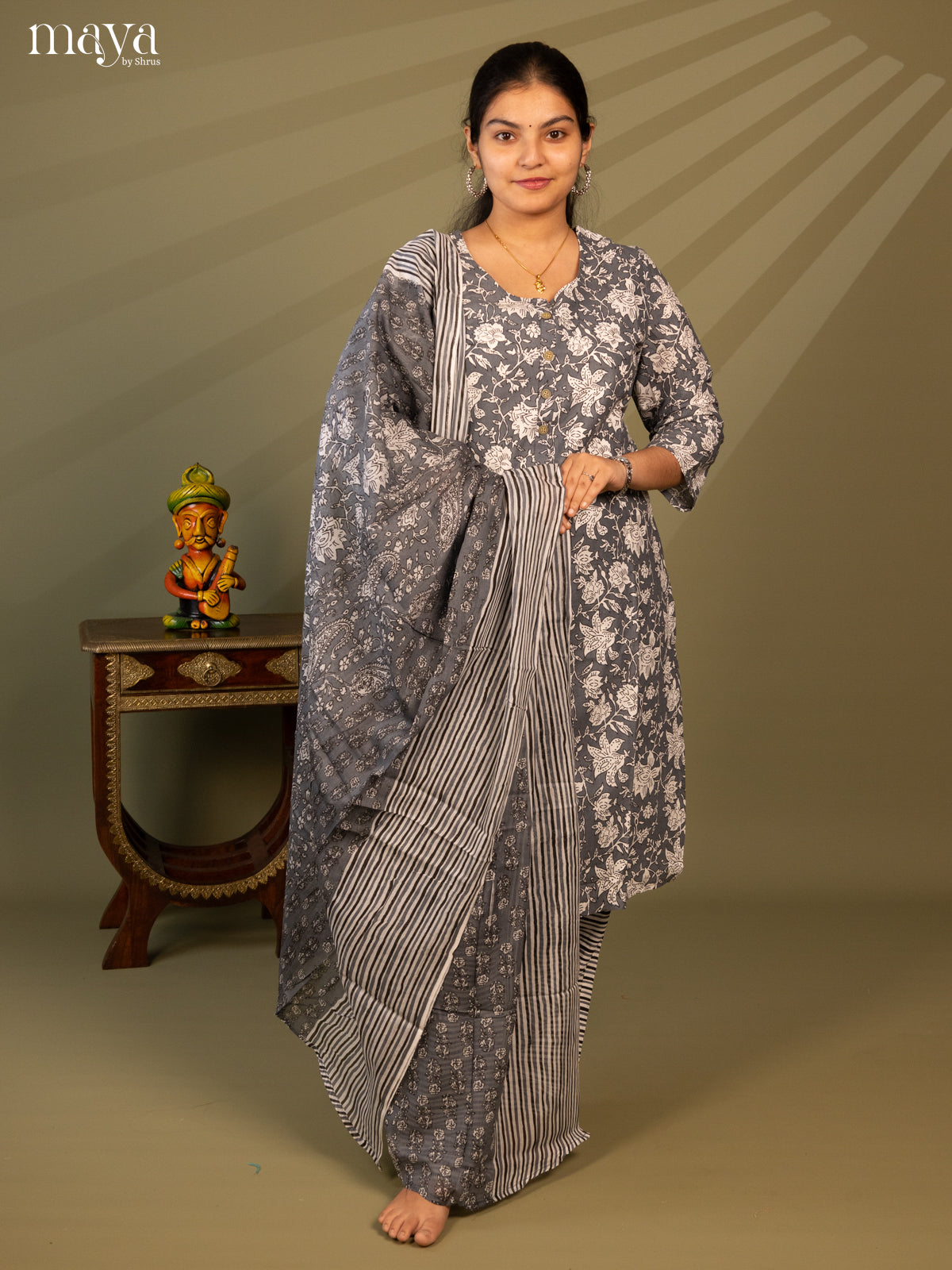Grey Cotton 3pc Salwar Suit with Floral Print - Top, Bottom & Dupatta