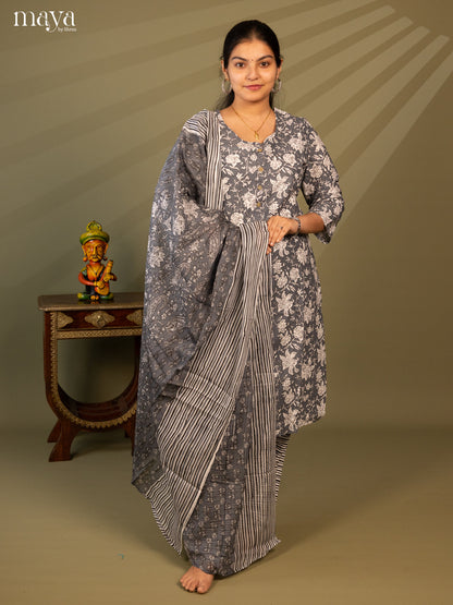 Grey Cotton 3pc Salwar Suit with Floral Print - Top, Bottom & Dupatta