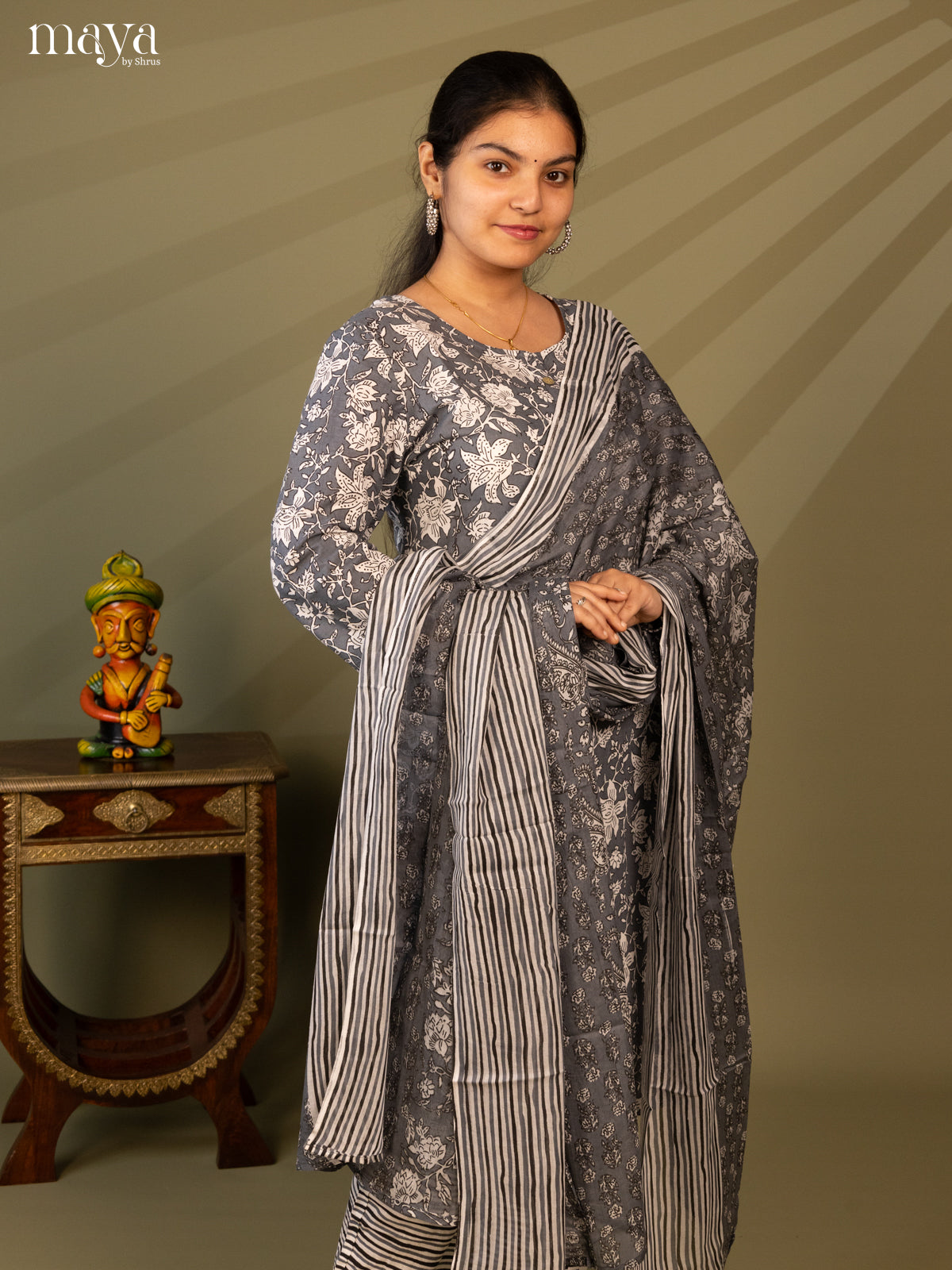 Grey Cotton 3pc Salwar Suit with Floral Print - Top, Bottom & Dupatta