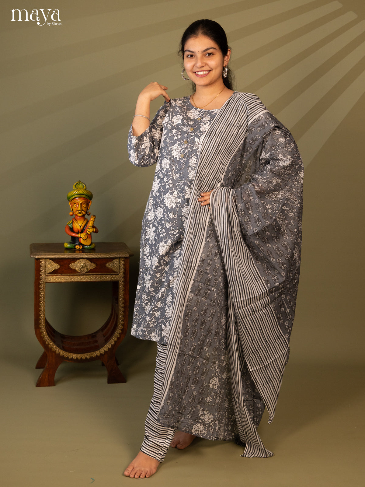 Grey Cotton 3pc Salwar Suit with Floral Print - Top, Bottom & Dupatta