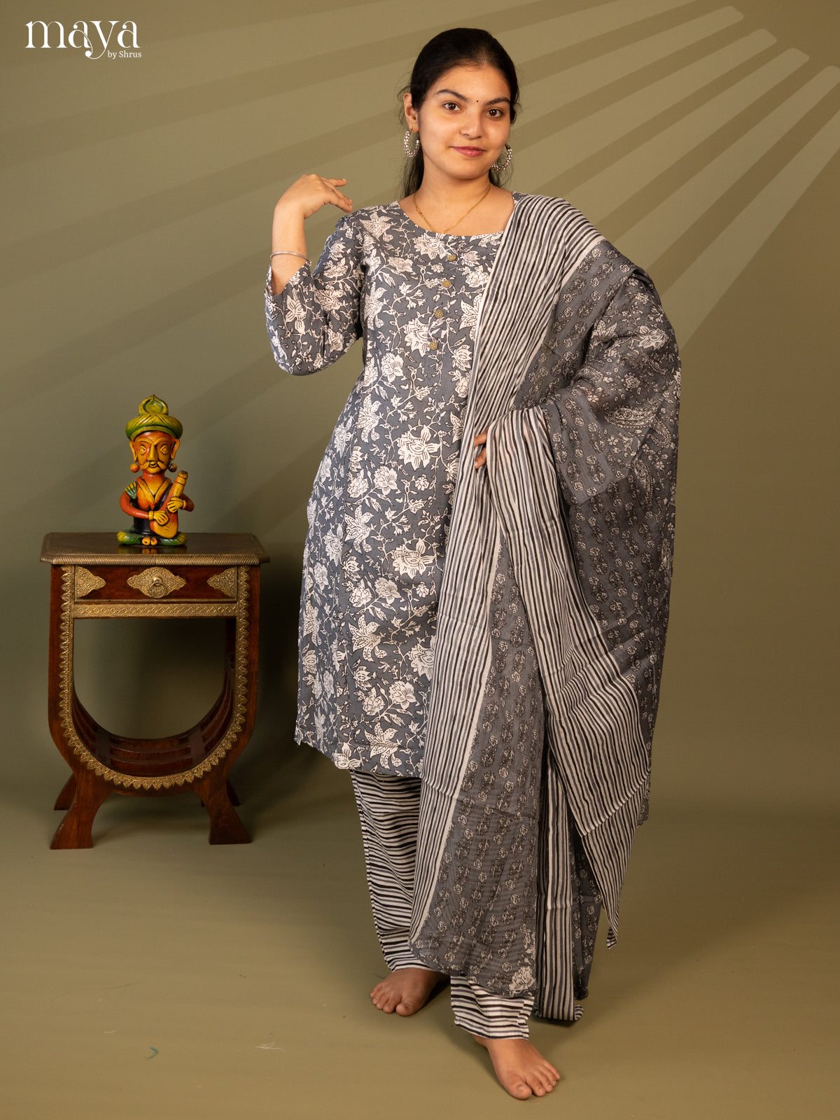 Grey Cotton 3pc Salwar Suit with Floral Print - Top, Bottom & Dupatta