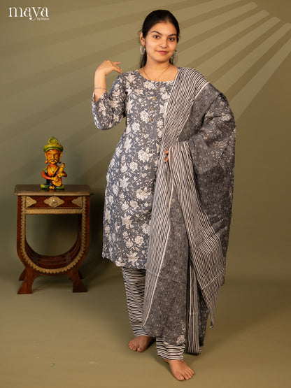 Grey Cotton 3pc Salwar Suit with Floral Print - Top, Bottom & Dupatta